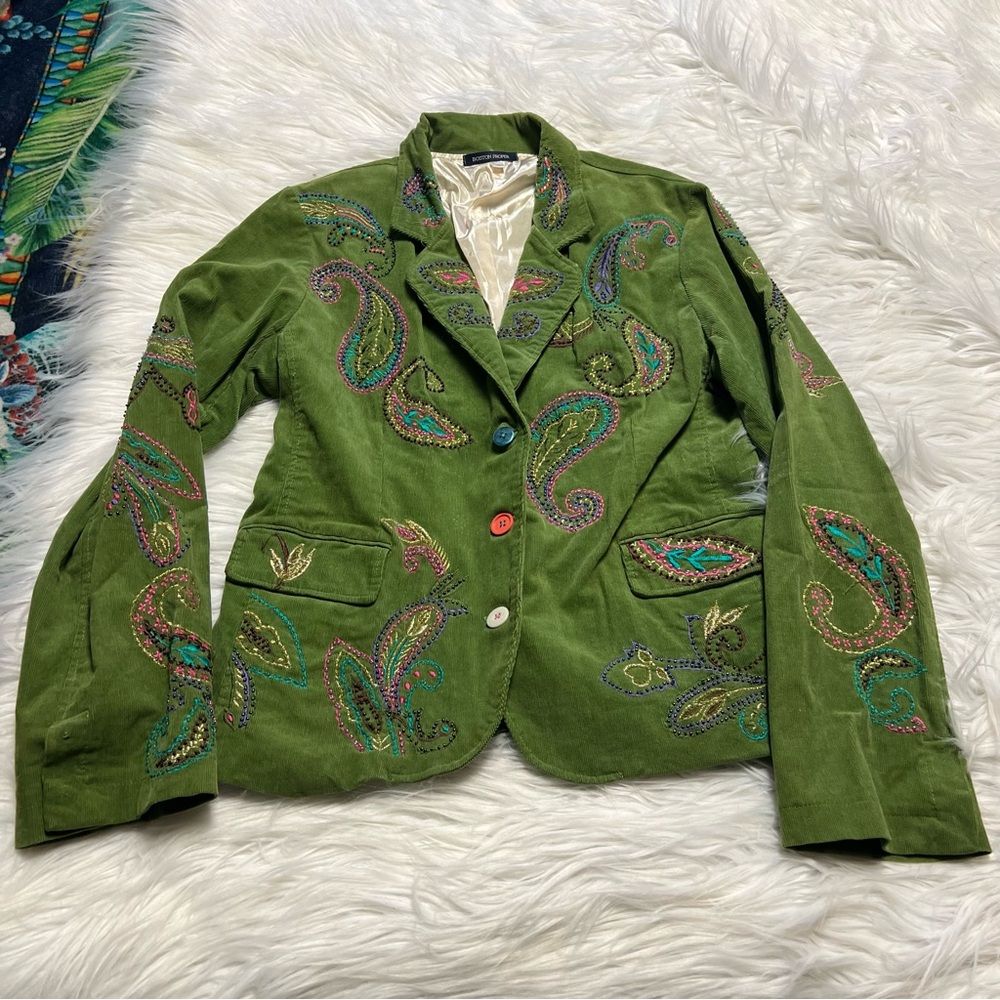 Boston Proper Green Embroidered Paisley Blazer